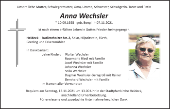 Traueranzeige von Anna Wechsler von Roth-Hilpoltsteiner Volkszeitung Lokal