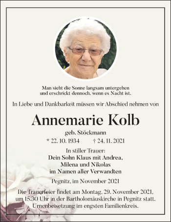 Traueranzeige von Annemarie Kolb von Nordbayerische Nachrichten Pegnitz Lokal