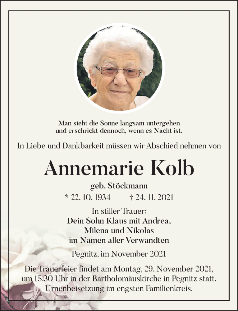  Traueranzeige für Annemarie Kolb vom 26.11.2021 aus Nordbayerische Nachrichten Pegnitz Lokal