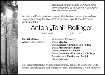 Traueranzeige von Anton Rollinger von Windsheimer Zeitung Lokal