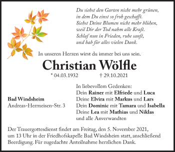 Traueranzeige von Christian Wölfle von Windsheimer Zeitung Lokal