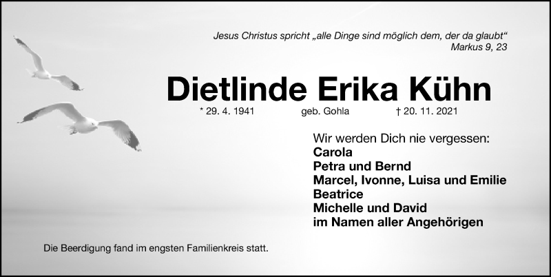  Traueranzeige für Dietlinde Erika Kühn vom 27.11.2021 aus Gesamtausgabe Nürnberger Nachrichten/ Nürnberger Ztg.