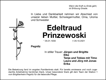 Traueranzeige von Edeltraud Prinzewoski von Nordbayerische Nachrichten Pegnitz Lokal