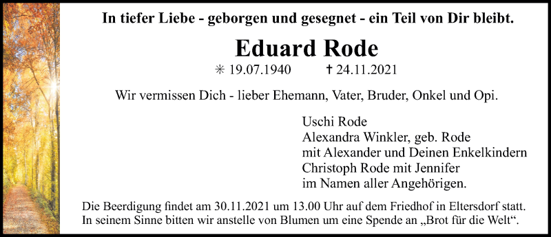 Traueranzeige für Eduard Rode vom 27.11.2021 aus Erlanger Nachrichten Lokal