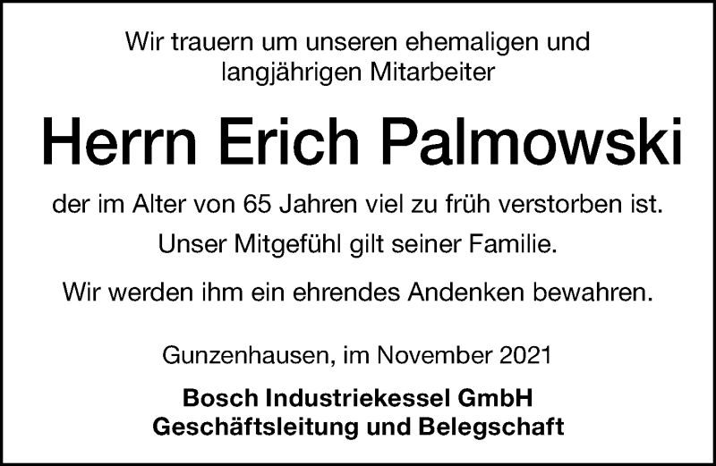  Traueranzeige für Erich Palmowski vom 13.11.2021 aus Altmühl-Bote Lokal