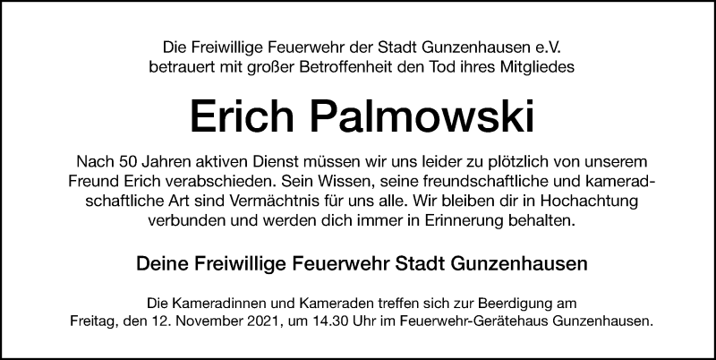  Traueranzeige für Erich Palmowski vom 11.11.2021 aus Altmühl-Bote Lokal