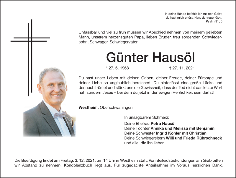  Traueranzeige für Günter Hausöl vom 01.12.2021 aus Altmühl-Bote Lokal