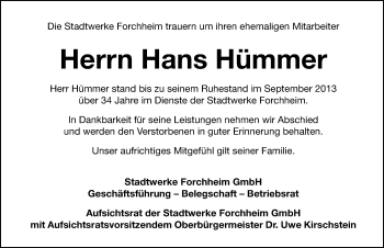 Traueranzeige von Hans Hümmer von Nordbayerische Nachrichten Forchheim Lokal