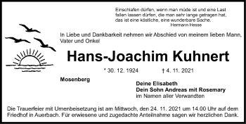 Traueranzeige von Hans-Joachim Kuhnert von Nordbayerische Nachrichten Pegnitz Lokal