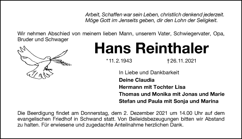  Traueranzeige für Hans Reinthaler vom 01.12.2021 aus Schwabacher Tagblatt Lokal
