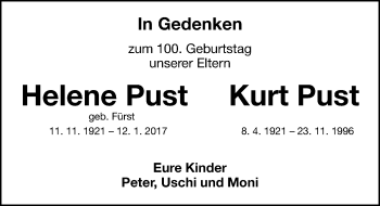 Traueranzeige von Helene Pust von Erlanger Nachrichten Lokal