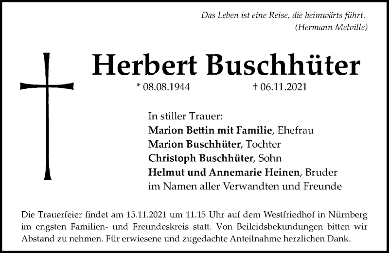  Traueranzeige für Herbert Buschhüter vom 13.11.2021 aus Gesamtausgabe Nürnberger Nachrichten/ Nürnberger Ztg.