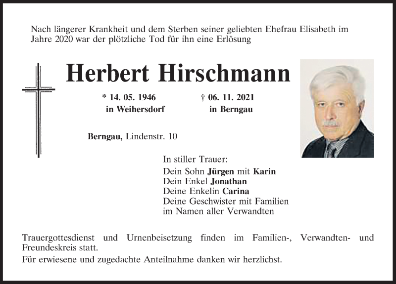  Traueranzeige für Herbert Hirschmann vom 09.11.2021 aus Neumarkter Nachrichten Lokal