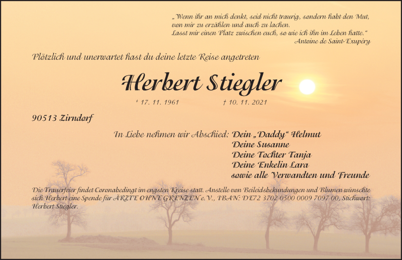  Traueranzeige für Herbert Stiegler vom 17.11.2021 aus Gesamtausgabe Nürnberger Nachrichten/ Nürnberger Ztg.