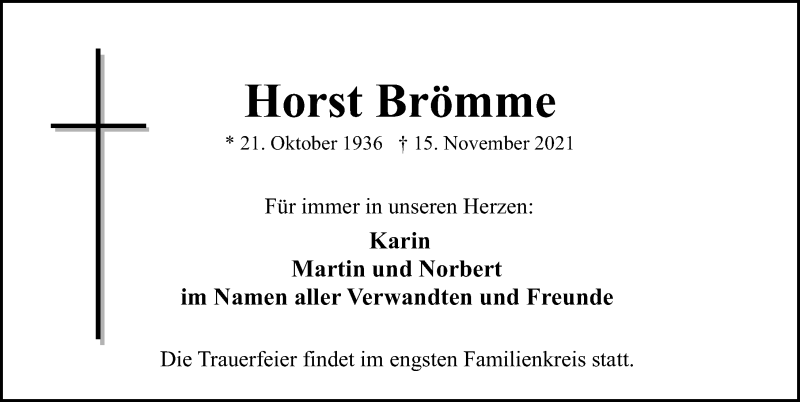  Traueranzeige für Horst Brömme vom 20.11.2021 aus Gesamtausgabe Nürnberger Nachrichten/ Nürnberger Ztg.