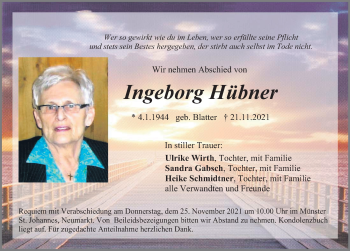 Traueranzeige von Ingeborg Hübner von Neumarkter Nachrichten Lokal