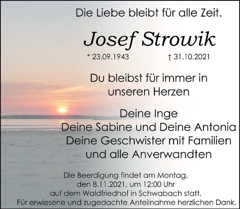  Traueranzeige für Josef Strowik vom 06.11.2021 aus Schwabacher Tagblatt Lokal