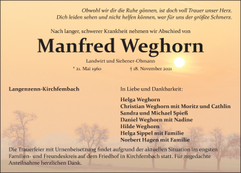 Traueranzeige von Manfred Weghorn von Fürther Nachrichten Lokal