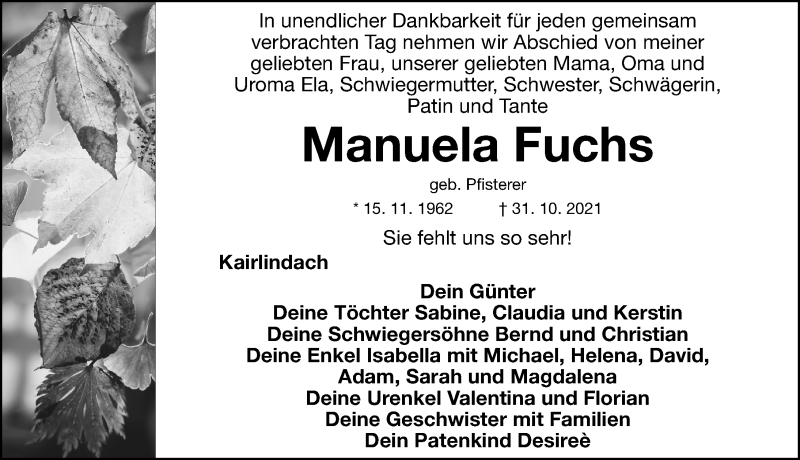  Traueranzeige für Manuela Fuchs vom 04.11.2021 aus Nordbayerische Nachrichten Herzogenaurach Lokal