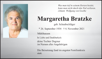 Traueranzeige von Margaretha Bratzke von Neumarkter Nachrichten Lokal