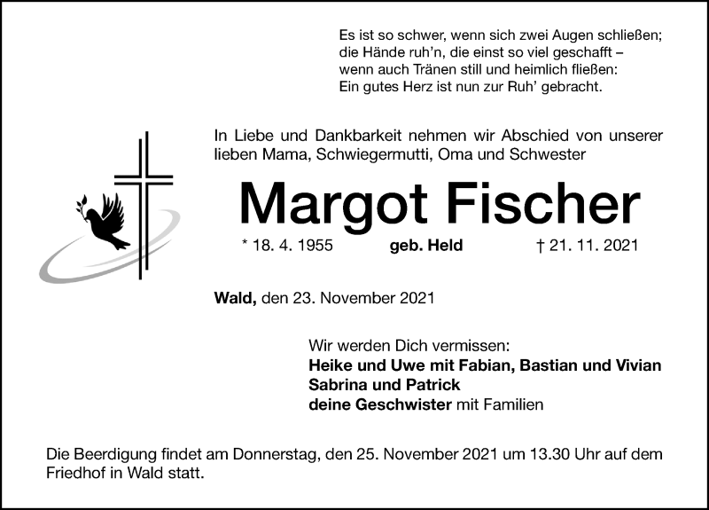  Traueranzeige für Margot Fischer vom 23.11.2021 aus Altmühl-Bote Lokal
