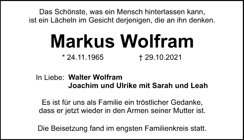  Traueranzeige für Markus Wolfram vom 13.11.2021 aus Schwabacher Tagblatt Lokal