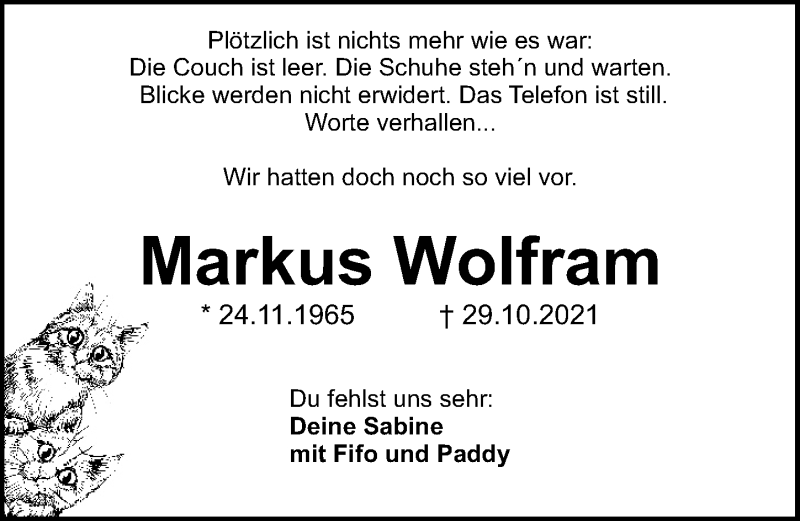  Traueranzeige für Markus Wolfram vom 13.11.2021 aus Gesamtausgabe Nürnberger Nachrichten/ Nürnberger Ztg.