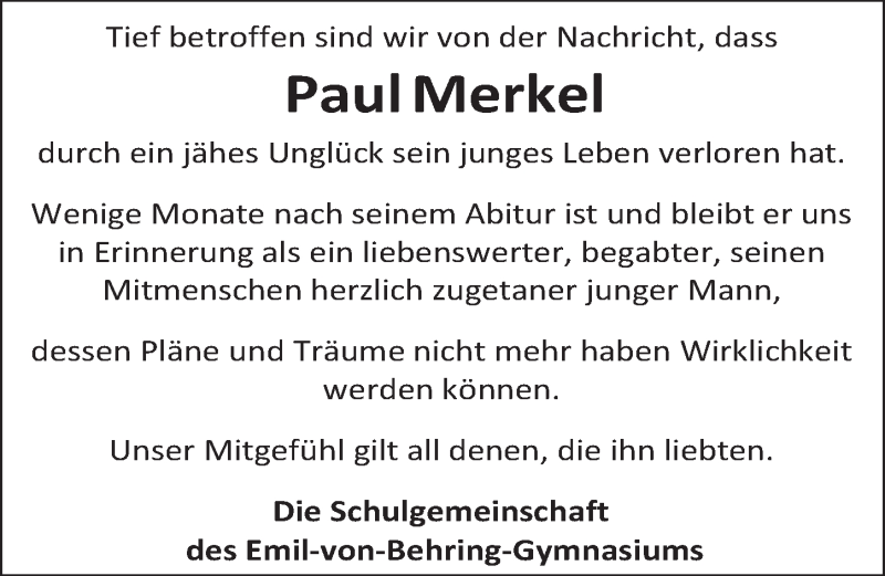  Traueranzeige für Paul Merkel vom 06.11.2021 aus Erlanger Nachrichten Lokal