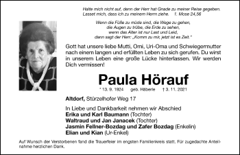 Traueranzeige von Paula Hörauf von Gesamtausgabe Nürnberger Nachrichten/ Nürnberger Ztg.