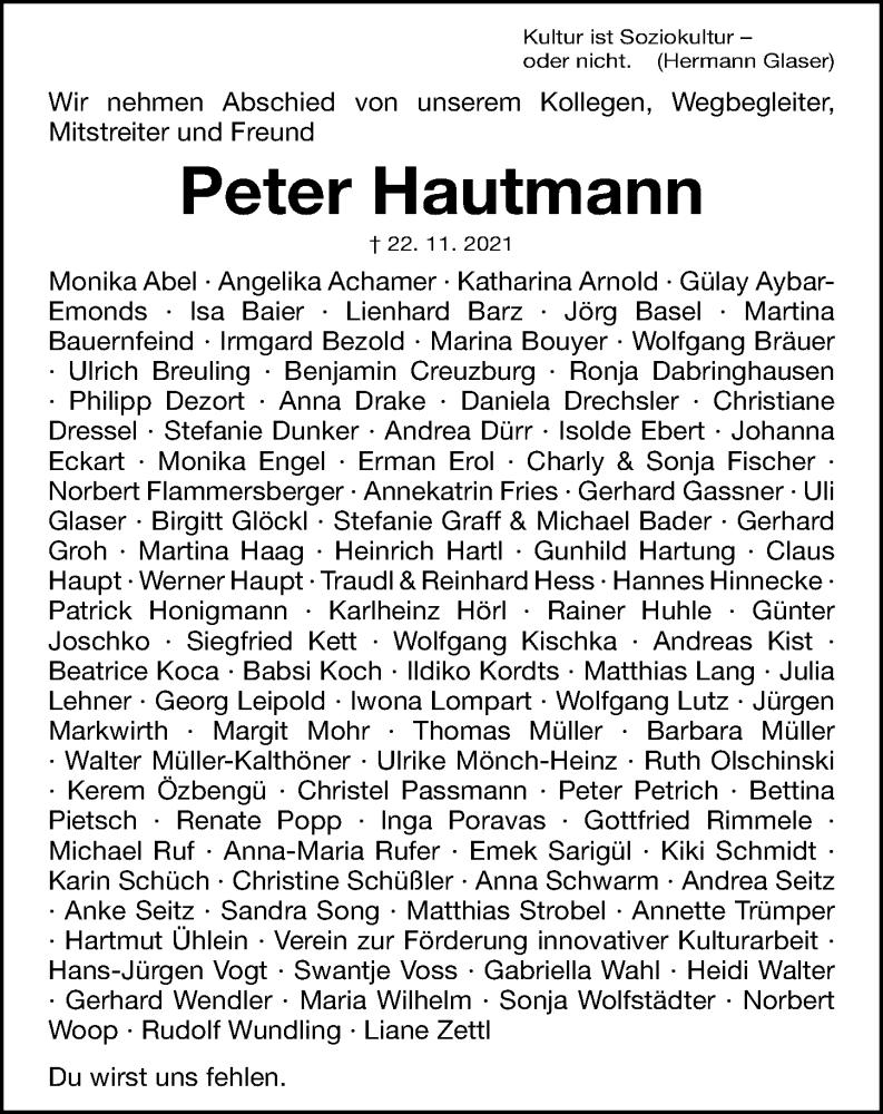  Traueranzeige für Peter Hautmann vom 27.11.2021 aus Gesamtausgabe Nürnberger Nachrichten/ Nürnberger Ztg.
