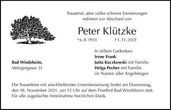 Traueranzeige von Peter Klützke von Windsheimer Zeitung Lokal