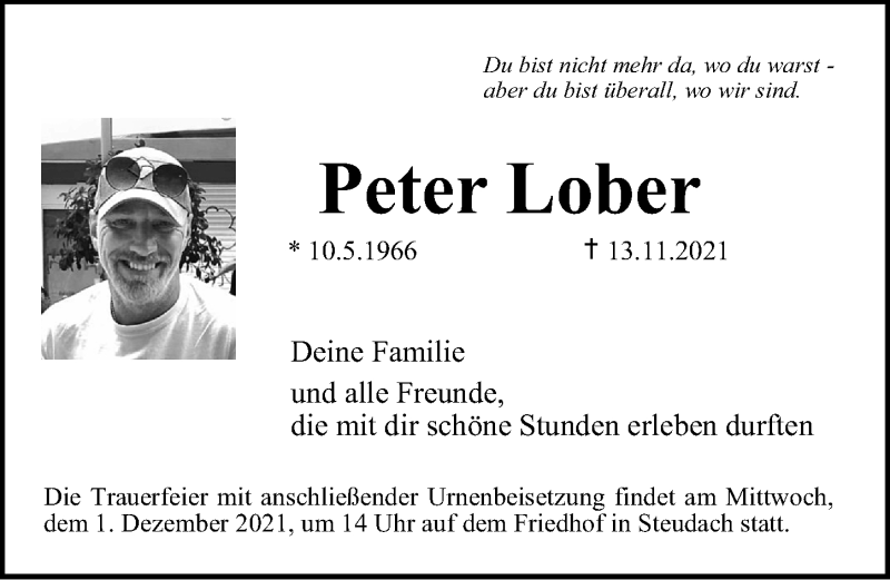  Traueranzeige für Peter Lober vom 27.11.2021 aus Erlanger Nachrichten Lokal