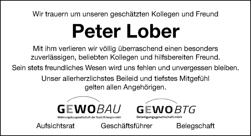  Traueranzeige für Peter Lober vom 27.11.2021 aus Erlanger Nachrichten Lokal