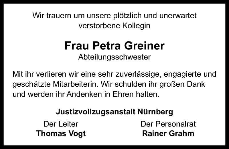  Traueranzeige für Petra Greiner vom 30.11.2021 aus Gesamtausgabe Nürnberger Nachrichten/ Nürnberger Ztg.