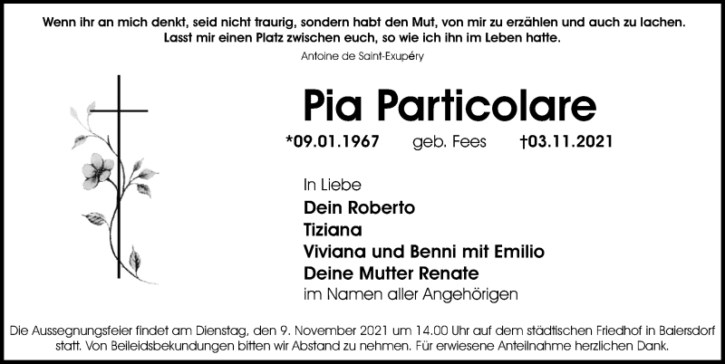  Traueranzeige für Pia Particolare vom 06.11.2021 aus Erlanger Nachrichten Lokal