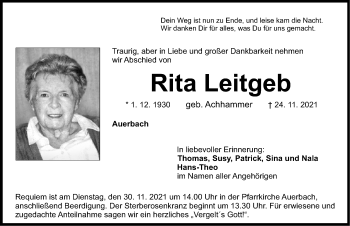 Traueranzeige von Rita Leitgeb von Nordbayerische Nachrichten Pegnitz Lokal