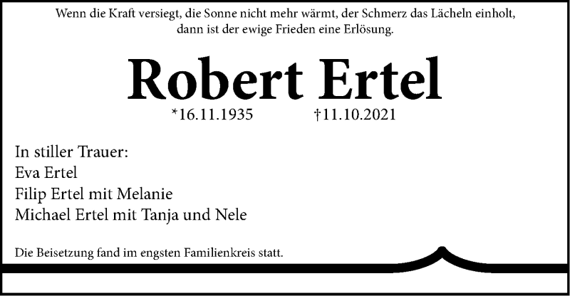  Traueranzeige für Robert Ertel vom 13.11.2021 aus Gesamtausgabe Nürnberger Nachrichten/ Nürnberger Ztg.