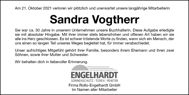  Traueranzeige für Sandra Vogtherr vom 20.11.2021 aus Roth-Hilpoltsteiner Volkszeitung Lokal