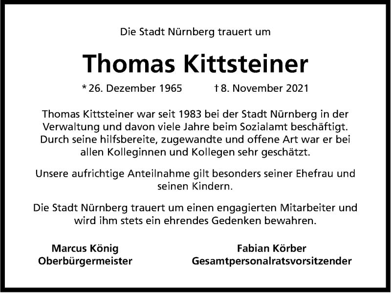 Traueranzeige für Thomas Kittsteiner vom 12.11.2021 aus Gesamtausgabe Nürnberger Nachrichten/ Nürnberger Ztg.