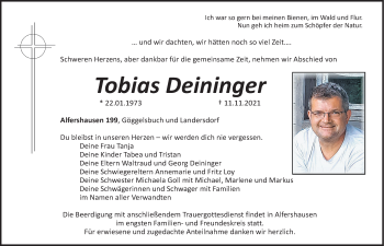 Traueranzeige von Tobias Deininger von Roth-Hilpoltsteiner Volkszeitung Lokal