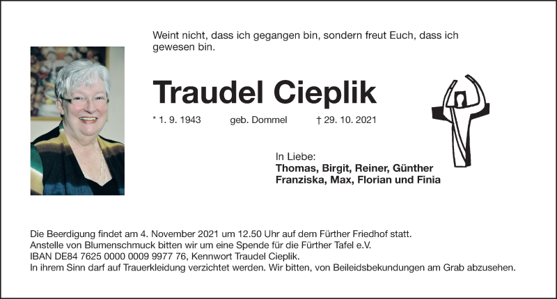  Traueranzeige für Traudel Cieplik vom 02.11.2021 aus Fürther Nachrichten Lokal