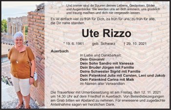 Traueranzeige von Ute Rizzo von Nordbayerische Nachrichten Pegnitz Lokal