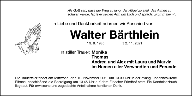  Traueranzeige für Walter Bärthlein vom 06.11.2021 aus Gesamtausgabe Nürnberger Nachrichten/ Nürnberger Ztg.