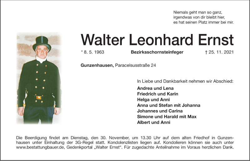  Traueranzeige für Walter Leonhard Ernst vom 27.11.2021 aus Altmühl-Bote Lokal