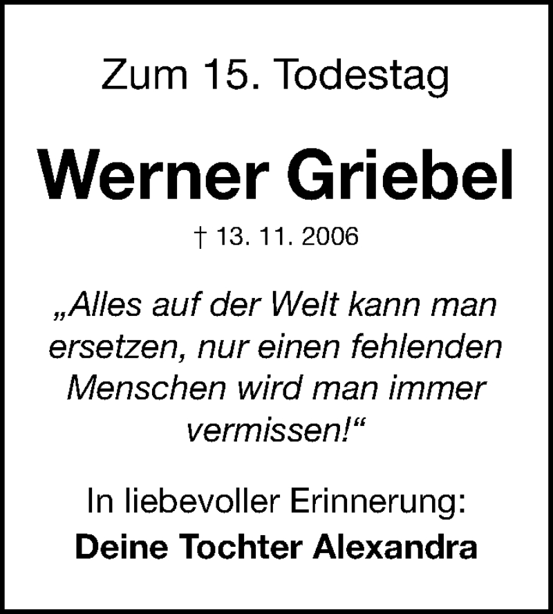  Traueranzeige für Werner Griebel vom 13.11.2021 aus Erlanger Nachrichten Lokal