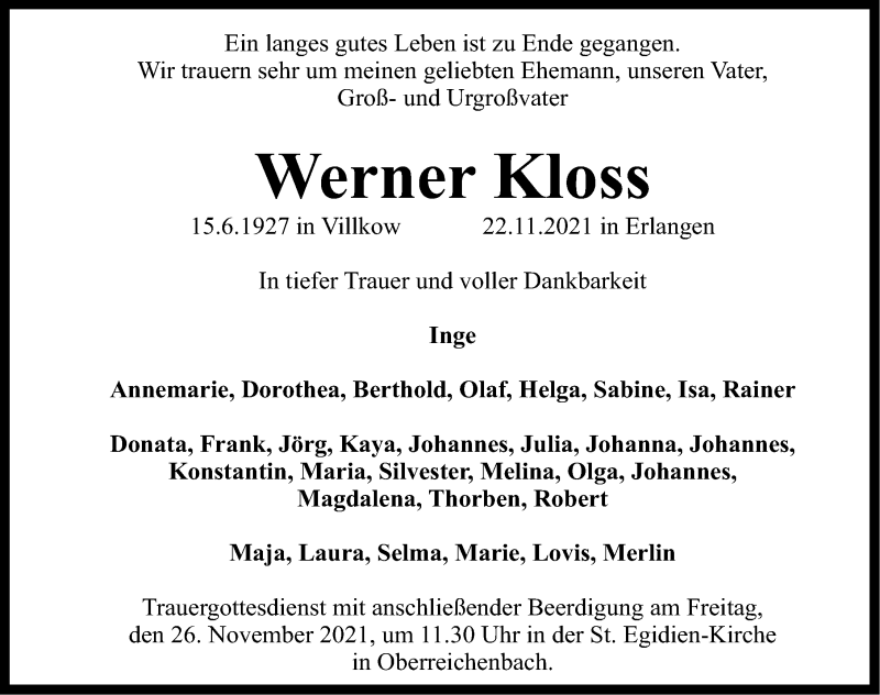  Traueranzeige für Werner Kloss vom 25.11.2021 aus Nordbayerische Nachrichten Herzogenaurach Lokal