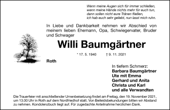 Traueranzeige von Willi Baumgärtner von Roth-Hilpoltsteiner Volkszeitung Lokal