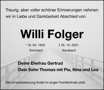 Traueranzeige von Willi Folger von Erlanger Nachrichten Lokal