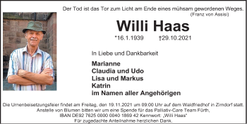 Traueranzeige von Willi Haas von Fürther Nachrichten Lokal