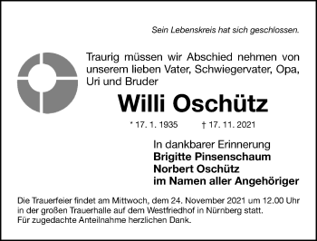 Traueranzeige von Willi Oschütz von Gesamtausgabe Nürnberger Nachrichten/ Nürnberger Ztg.